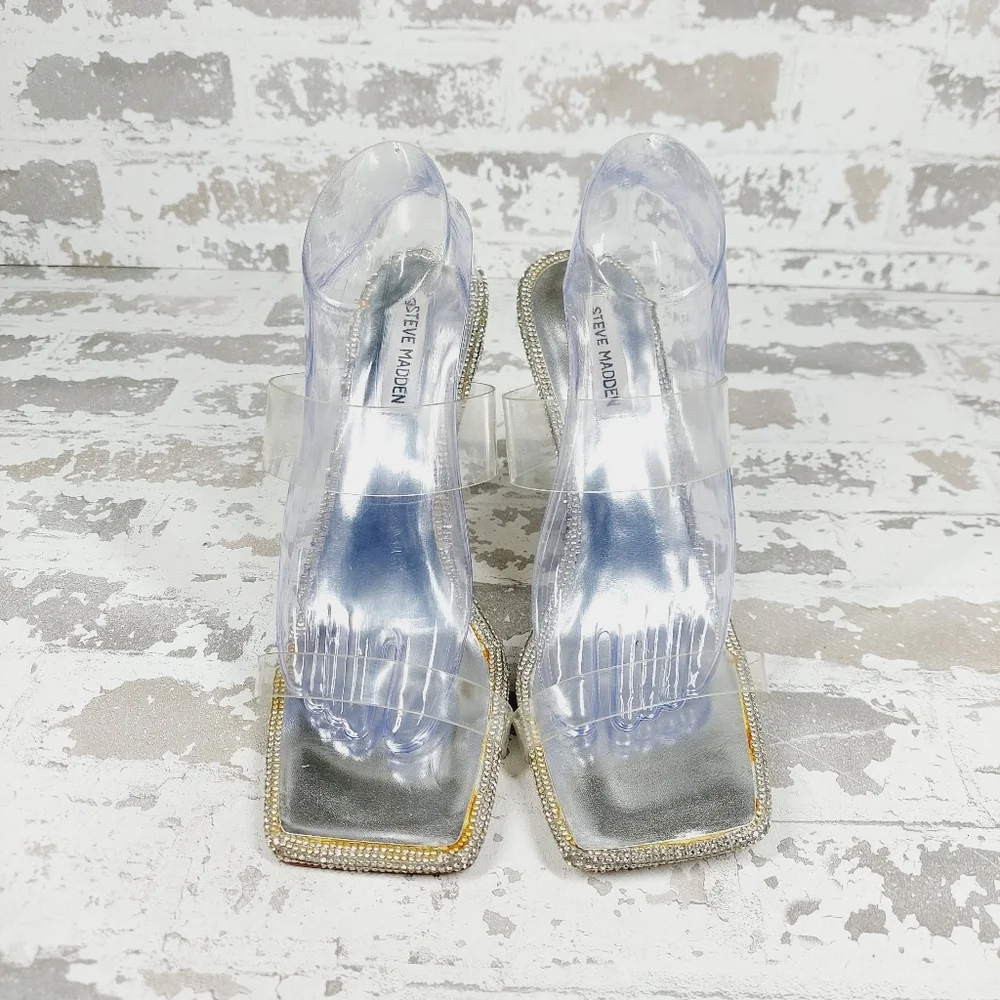 New Steve Madden Pending Embellished Clear Strap Stiletto Sandals C366 - Picture 3 of 14